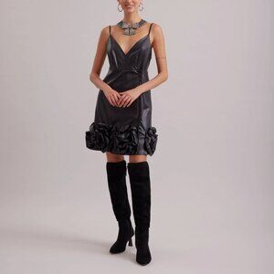 $600 ANNE FONTAINE 2022 Black Faux Leather Mini Consuela Ruffle Dress sz FR 40/8